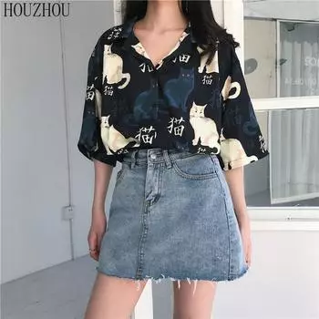 HOUZHOU рубашка с принтом кота женская винтажная корейская базовая свободная шикарная повседневная блузка M чёрный
