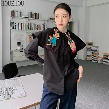HOUZHOU рубашка с принтом кролика женская ретро корейская с длинным рукавом большой размер элегантная черная блузка с рюшами