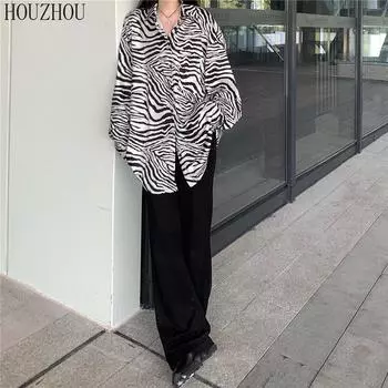 HOUZHOU рубашка с принтом зебры, женская винтажная уличная одежда большого размера, черные повседневные шикарные классические топы в стиле Харадзюку с длинными рукавами S чёрный
