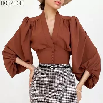 HOUZHOU рубашка с v-образным вырезом, женская винтажная рубашка во французском стиле, классические базовые пушистые однобортные пышные коричневые топы с длинным рукавом, шикарные S белый