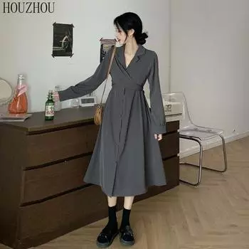 HOUZHOU Серое платье-костюм женское с пуговицами и длинными рукавами, французское элегантное повседневное женское шикарное платье большого размера S темно-синий