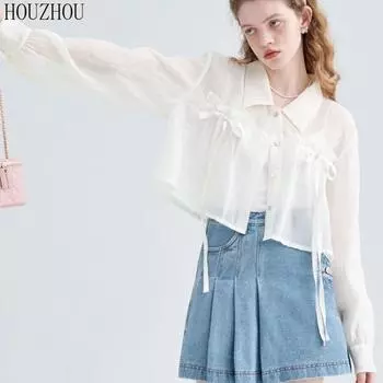 HOUZHOU шифоновая рубашка женская с бантом, милый корейский шикарный элегантный повседневный свободный топ с длинными рукавами и галстуком-бабочкой для защиты от солнца S белый