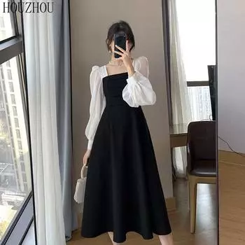 HOUZHOU шифоновое платье женское французское ретро элегантное сетчатое платье с квадратным воротником и длинными рукавами классическое базовое свободное повседневное черное платье миди выше колена S чёрный
