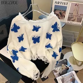 HOUZHOU свитер с бабочкой женский корейский вязаный Harajuku милый оверсайз повседневный свободный джемпер с открытыми плечами Y2K укороченные топы S белый
