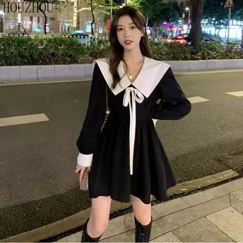 HOUZHOU темно-синее мини-платье с воротником женское с длинным рукавом Sweet Chic Kawaii Preppy Style Oversized Черное платье M чёрный