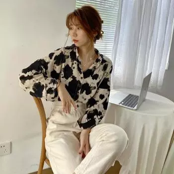 HOUZHOU Tie Dye шифоновые блузки с принтом женские корейские модные повседневные шикарные рубашки с отложным воротником в стиле ретро S чёрный