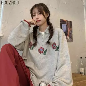 HOUZHOU толстовки-поло женские с цветочным принтом и длинным рукавом, винтажные корейские большие размеры, свободные Ins для студентов, шикарный тренд S серый