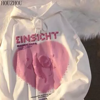 HOUZHOU Толстовки с принтом «Любовь», женские толстовки с надписью «Сладкий ангел», корейские винтажные шикарные повседневные топы большого размера S белый