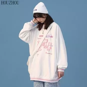 HOUZHOU толстовки с рисунком медведя, женские толстовки с круглым вырезом, свободный пуловер с длинными рукавами, корейский повседневный свитшот, оверсайз S белый