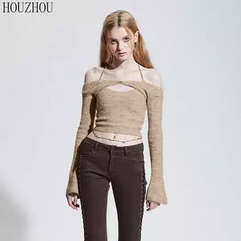 HOUZHOU тонкая футболка с открытой спиной, женские летние подтяжки с лямкой на шее, французская винтажная элегантная одежда, тренд S чёрный