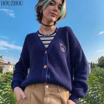 HOUZHOU трикотаж с буквенным принтом, женский вязаный кардиган с вышивкой медведя, винтажный шикарный сладкий весенний свободный вязаный кардиган в консервативном стиле, пальто-свитер S синий