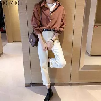 HOUZHOU вельветовая рубашка женская ретро осенне-зимняя корейская элагнитая свободная офисная женская рубашка большого размера с длинными рукавами S красный