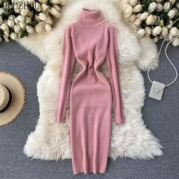 HOUZHOU вязаное платье миди женское корейское винтажное элегантное однотонное облегающее осенне-зимнее теплое классическое базовое платье с высоким воротом one size розовый