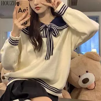 HOUZHOU вязаный свитер для женщин в консервативном стиле с темно-синим воротником в винтажном стиле, элегантный, милый, для девочек, повседневный, шикарный, классический, зимний, теплый пуловер one size белый