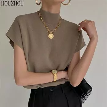 HOUZHOU вязаный жилет с воротником-стойкой, женский однотонный французский элегантный офисный женский свитер с воротником-половиной, свободный трендовый топ с короткими рукавами one size чёрный