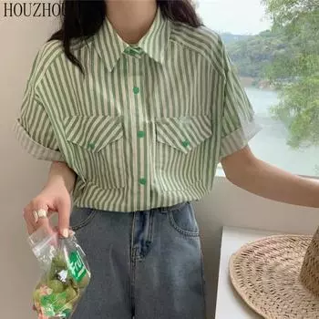 HOUZHOU зеленая полосатая рубашка, женская офисная женская шикарная базовая элегантная классическая рубашка с отложным воротником, топ с короткими рукавами и карманами, повседневная тенденция M зелёный