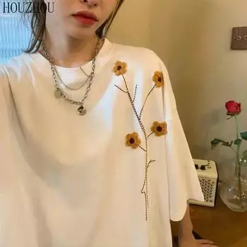 HOUZHOU женская футболка с цветочным принтом и коротким рукавом, летняя свободная милая корейская повседневная шикарная футболка