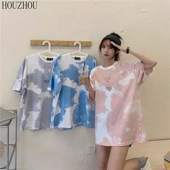 HOUZHOU женская футболка с принтом тай-дай с короткими рукавами и короткими рукавами, летние свободные корейские шикарные топы M розовый