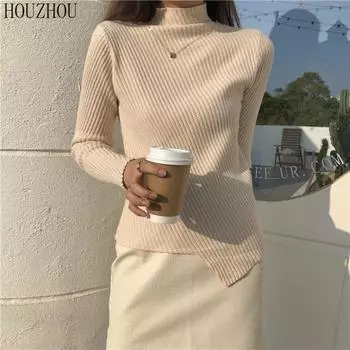 HOUZHOU зимний полуводолазный свитер, женский тонкий вязаный классический базовый низ, рубашка нестандартной формы, корейские шикарные элегантные топы с длинными рукавами one size чёрный