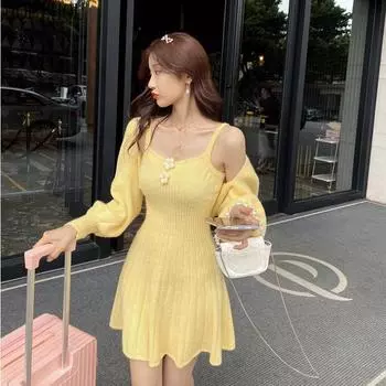 HOUZHOU зимний вязаный свитер, платье, костюм, женский желтый корейский винтажный элегантный тонкий милый костюм с длинными рукавами, шикарная одежда S жёлтый