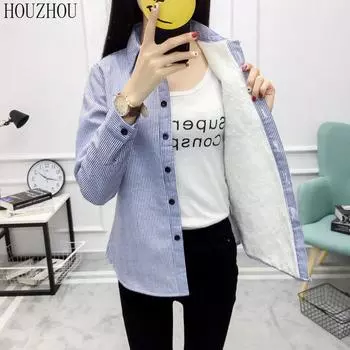 HOUZHOU зимняя полосатая утепленная рубашка женская с принтом корейская винтажная элегантная офисная женская классическая базовая рубашка с длинным рукавом на пуговицах большого размера шикарная S красный