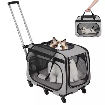 HOVONO Extra Large Cat Carrier с переноской для маленьких собак Тележка для переноски для домашних животных Вмещает до Может перевозить до 4 Для эвакуации Колеса, тележка, сумка, серый