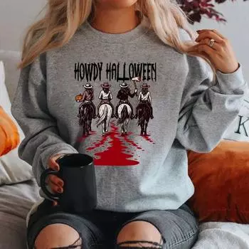 Howdy Halloween Sweatshirt Western Halloween Girls Hoodie Casual Long Sleeve Women Crewneck Sweatshirt Funny Cowgirl Pullovers S серый