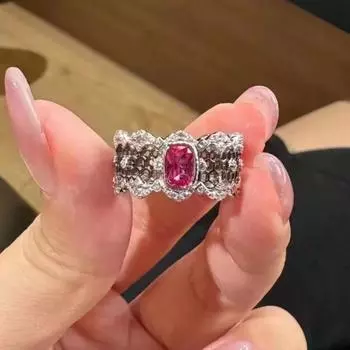 Храм Луоси Серебряное кольцо S925 с роскошным розовым сапфиром и кружевной инкрустацией Size 6
