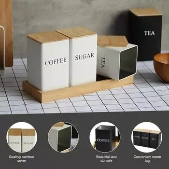 Хранение кофейных зерен с бамбуковой крышкой, простые металлические банки для хранения чая, кофе, сахара, чайные банки, кухонные принадлежности