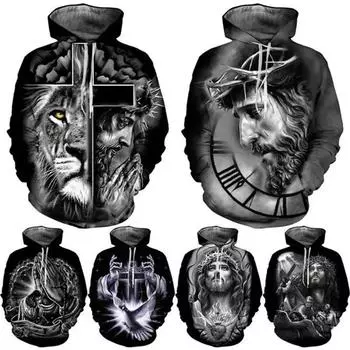 Христианские мужские и женские модные черные толстовки с капюшоном с изображением креста Иисуса с 3D-принтом, унисекс, модные уличные топы с длинным рукавом S