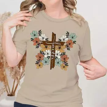Христианские рубашки с цветочным принтом в стиле ретро для женщин, одежда с короткими рукавами, топы, винтажные футболки с дизайном Faith Cross, летняя футболка с графическим рисунком S