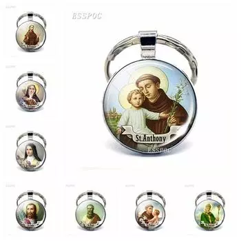 Христианский брелок для ключей, религиозный брелок для ключей, стеклянные ювелирные изделия, подарок, кулон с кабошоном, брелок Святого Антония для женщин и мужчин