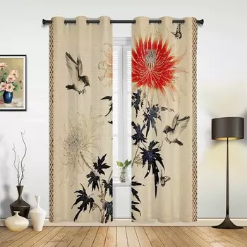 Хризантема, птица, бабочка, ретро оконные шторы для гостиной, роскошные занавески для спальни, кухонные шторы, шторы 135W x 60H(cm) x1