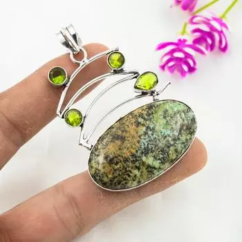 Хризоколла, подвеска с драгоценным камнем перидот, кулон из цельного серебра 925 пробы, подвеска ручной работы с камнем по дате рождения, подарок для него 1.73 Inches зелёный