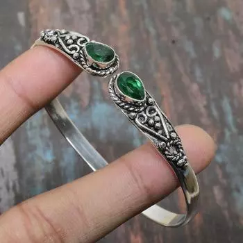 Хром-диопсид, драгоценный камень, твердый браслет ручной работы из стерлингового серебра 925 пробы, регулируемый ювелирный браслет-манжета Adjustable зелёный