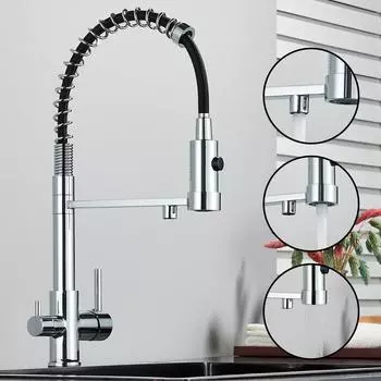 Хромированный смеситель для кухонной мойки, 2 ручки, 3 в 1 смесителе для фильтра для воды серебряный