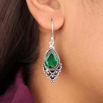Хромовый диопсид Драгоценный камень 925 Стерлинговое серебро Ювелирные изделия Серьги-капли 1,9 Подарок EE-85-10