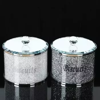 Хрустальная стеклянная банка для печенья с крышкой, кухонный стол, серебряная отделка, декоративная коробка для хранения, наполненная кристаллами