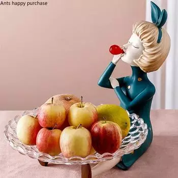 Хрустальная стеклянная тарелка для фруктов, украшение для хранения девушки из смолы, тарелка для закусок, статуэтка девушки с кроличьими ушками, металлический поднос