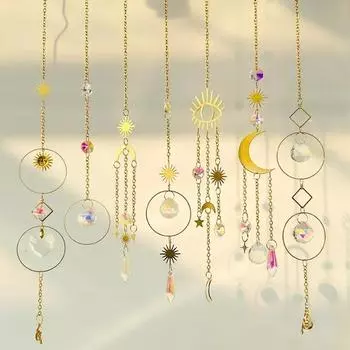 Хрустальные ловцы солнца, золотые лунные звезды, ловцы солнца с цепочкой, подвеска в виде колокольчика, украшение для сада и двора