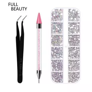 Хрустальные стразы для дизайна ногтей, драгоценные камни и стразы с пинцетом и ручкой для подбора страз Nail Pen фиолетовый