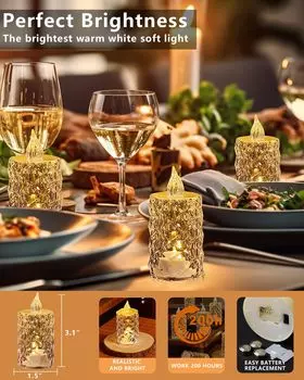 Хрустальные свечи светодиодные прозрачные беспламенные фонарики на батарейках ночники для свадьбы, дня рождения, Рождества, Хэллоуина, декора 3-Pack теплый белый