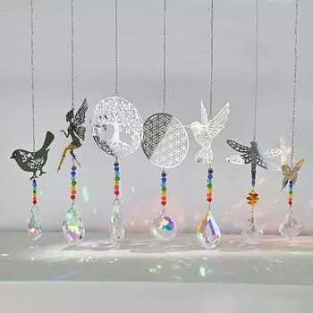 Хрустальный ловец солнца, луна, дерево, ветряная музыка, призмы, подвески в виде ангела и бабочки, радуга, садовый декор, подвесной колокольчик на окно