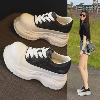 HS1169-1 Женские весенние кроссовки на платформе 2025 года: Повседневные белые туфли с большим носом, на толстой подошве, визуально увеличивающие рост. 35