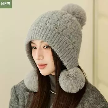 Ht4479 Высококачественная женская шапка, зимние шапки, толстые теплые три меховых помпона, лыжная шапка-ушанка, женская однотонная вязаная шапка-бини 55-60cm