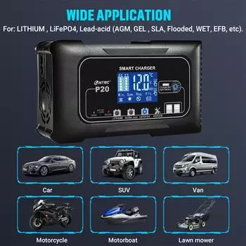 HTRC 12 В/24 В 20 А полностью автоматическое автомобильное зарядное устройство для мотоциклетных литиевых Lifepo4 GEL AGM свинцово-кислотных аккумуляторов для ремонта зарядного устройства
