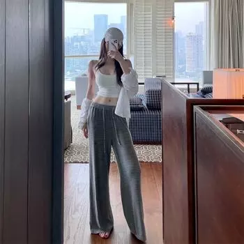 Hua Shanshan Casual Multicolor Elastic Waist Strap Knitted Trousers Gray S