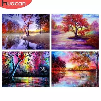 HUACAN 5D Алмазная картина Дерево Полный квадрат Озеро Алмазная вышивка Мозаика Пейзаж Горный хрусталь Картина Full Square 20*30 cm