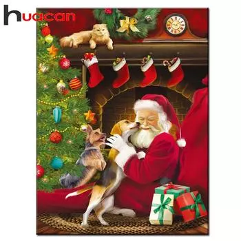 HUACAN 5D алмазная вышивка полный дисплей милая собака Поцелуи Санты алмазная живопись Рождество для детей подарок на Новый год Full Round 20*30 cm