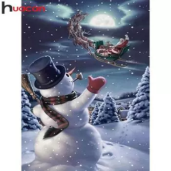 Huacan 5d алмазная живопись Снеговик Рождество Алмазная вышивка мозаика Санта-Клаус ночной снежный пейзаж домашний декор Full Square 20*30 cm